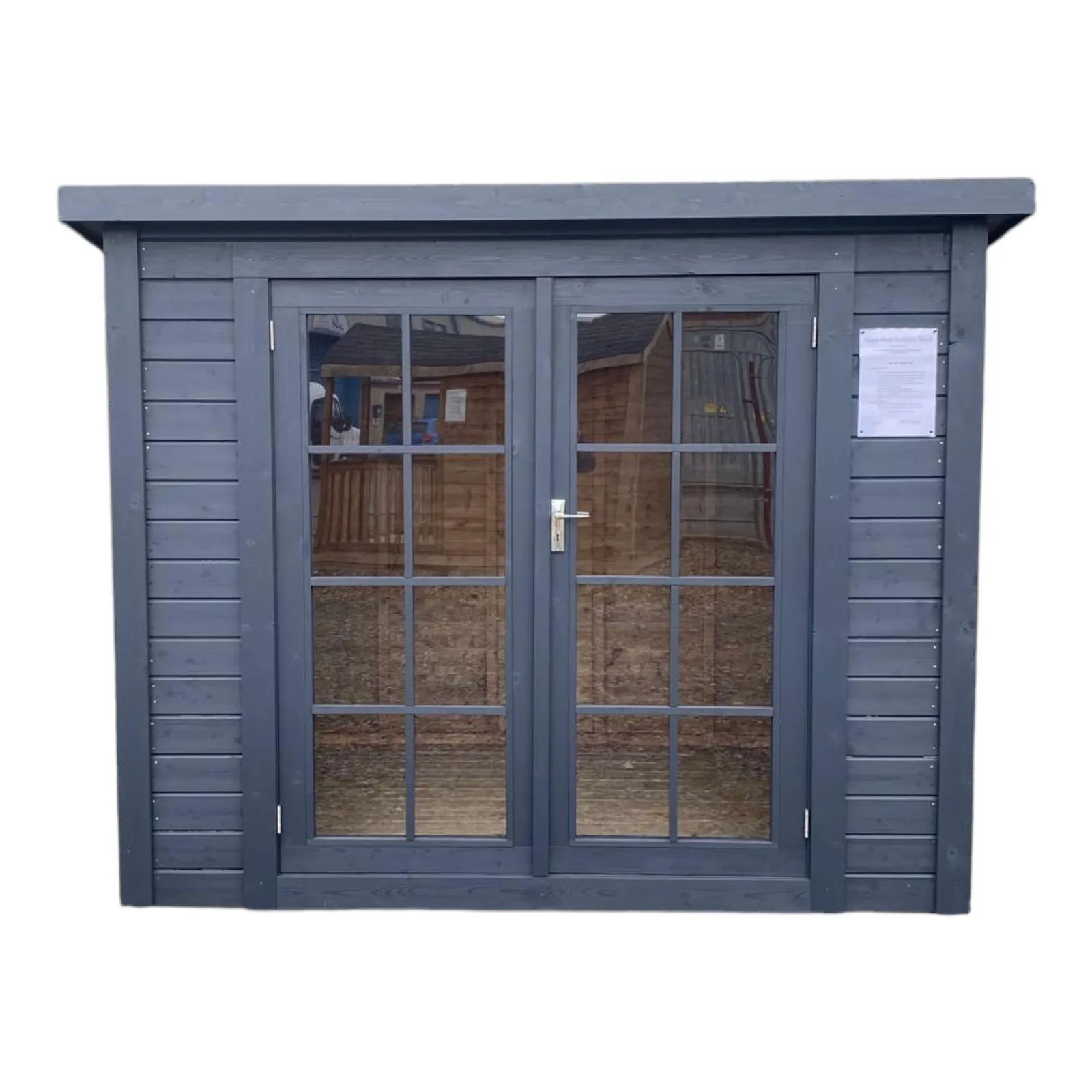 Side angle of premium PENT timber garden shed with EPDM roof